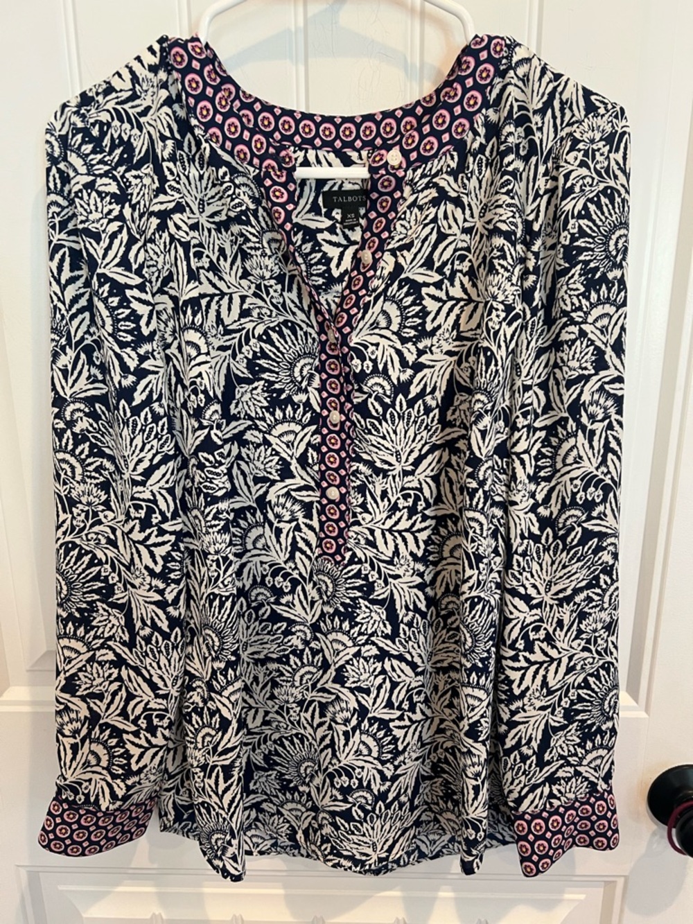 Talbots Navy Floral Print Blouse with Pink Accents